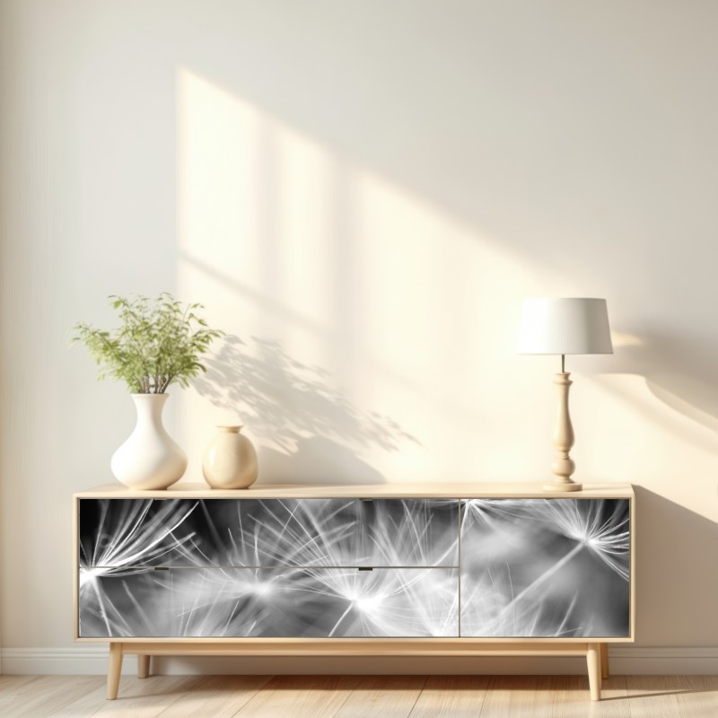 Naklejka repozycjonowalna delikatne nasiona dmuchawca czarno-białe – Wallissimo® Naklejka repozycjonowalna delikatne nasiona dmuchawca czarno-białe – Wallissimo®