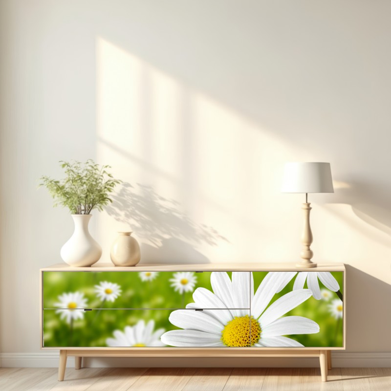 Naklejka repozycjonowalna białe stokrotki na łące – Wallissimo® Naklejka repozycjonowalna białe stokrotki na łące – Wallissimo®