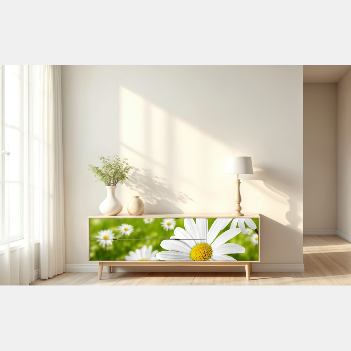 Naklejka repozycjonowalna białe stokrotki na łące – Wallissimo® Naklejka repozycjonowalna białe stokrotki na łące – Wallissimo®