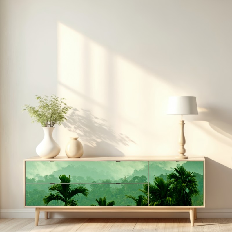 Naklejka repozycjonowalna mglista tropikalna dżungla – Wallissimo® Naklejka repozycjonowalna mglista tropikalna dżungla – Wallissimo®
