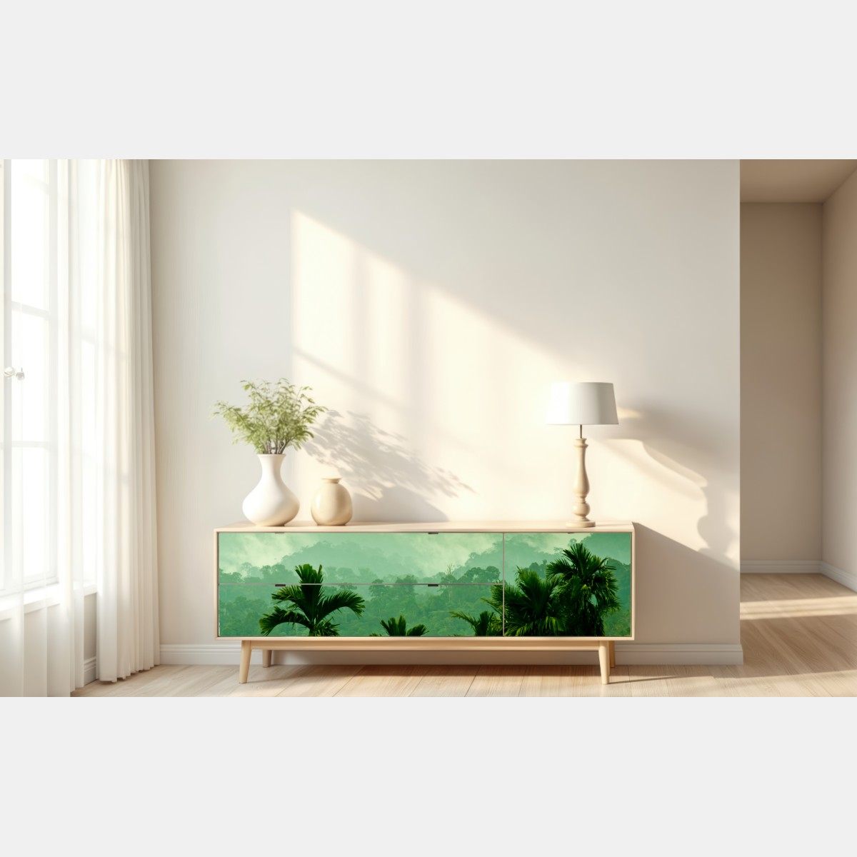 Naklejka repozycjonowalna mglista tropikalna dżungla – Wallissimo® Naklejka repozycjonowalna mglista tropikalna dżungla – Wallissimo®
