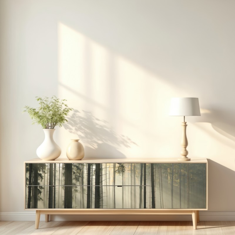 Naklejka repozycjonowalna mglisty poranek w lesie z promieniami słońca – Wallissimo® Naklejka repozycjonowalna mglisty poranek w lesie z promieniami słońca – Wallissimo®