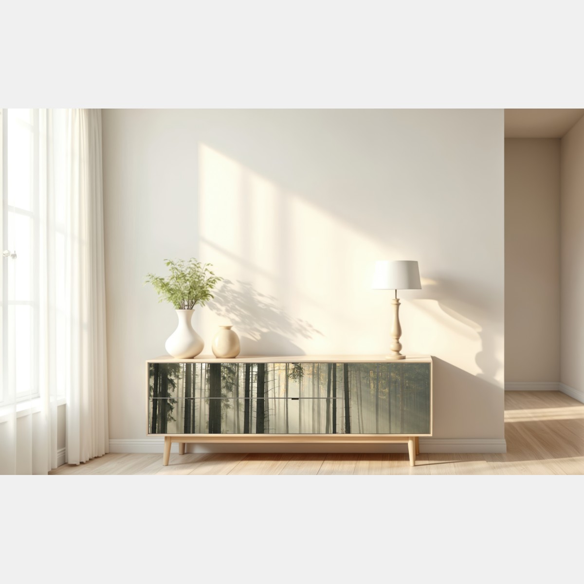 Naklejka repozycjonowalna mglisty poranek w lesie z promieniami słońca – Wallissimo® Naklejka repozycjonowalna mglisty poranek w lesie z promieniami słońca – Wallissimo®