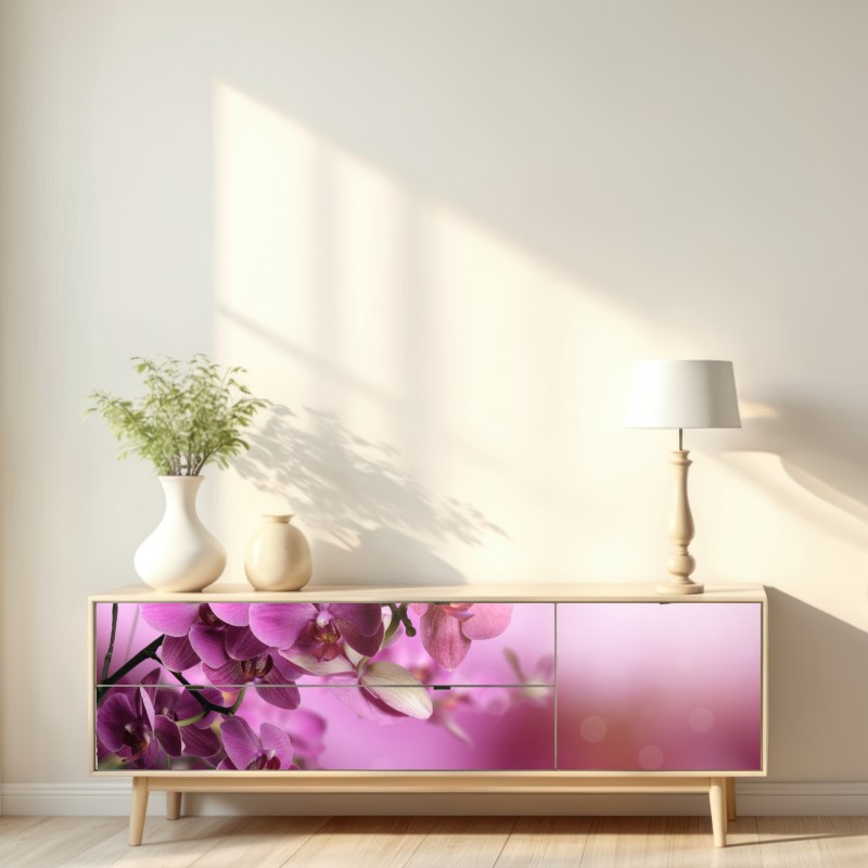 Naklejka repozycjonowalna różowe orchidee z odbiciem – Wallissimo® Naklejka repozycjonowalna różowe orchidee z odbiciem – Wallissimo®