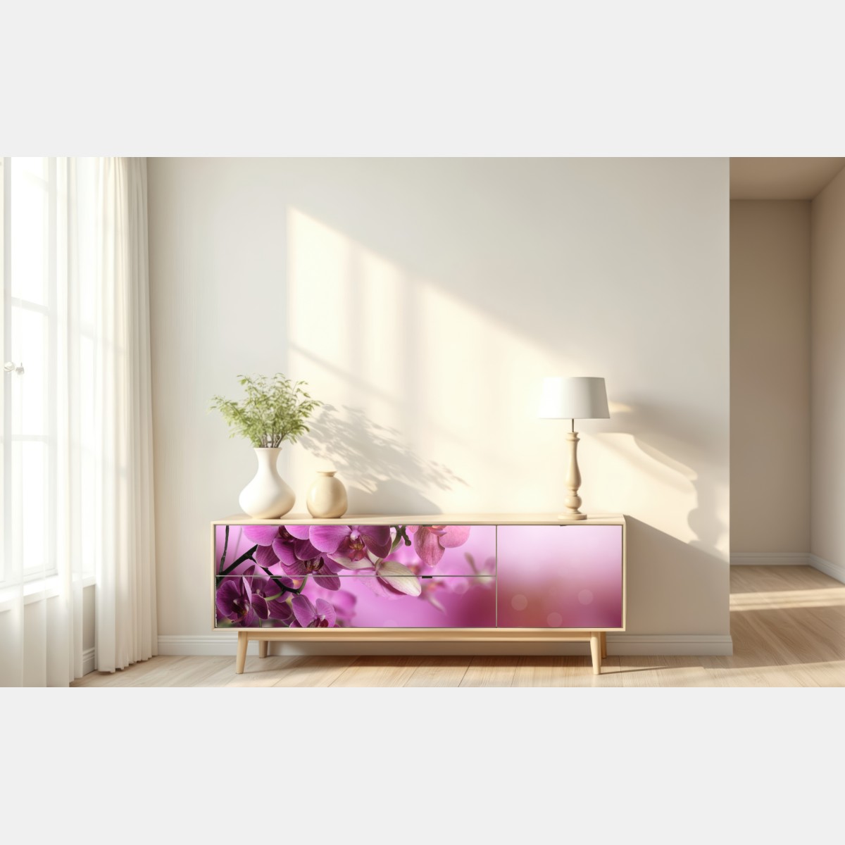 Naklejka repozycjonowalna różowe orchidee z odbiciem – Wallissimo® Naklejka repozycjonowalna różowe orchidee z odbiciem – Wallissimo®