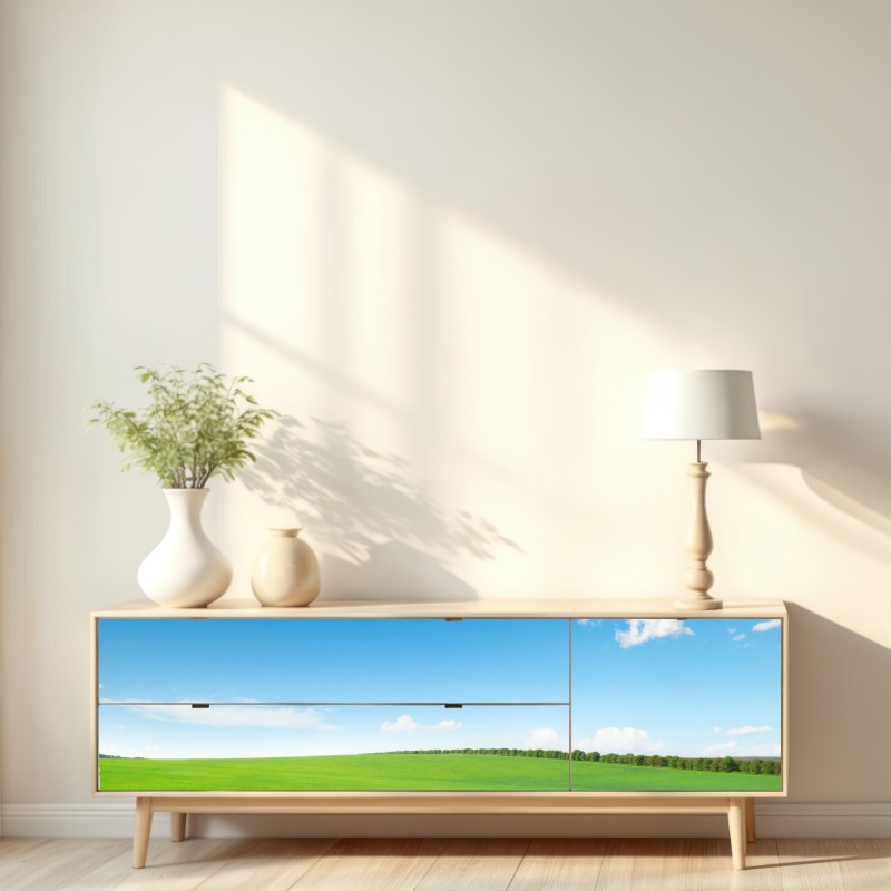 Naklejka repozycjonowalna spokojna zielona łąka pod niebieskim niebem – Wallissimo® Naklejka repozycjonowalna spokojna zielona łąka pod niebieskim niebem – Wallissimo®