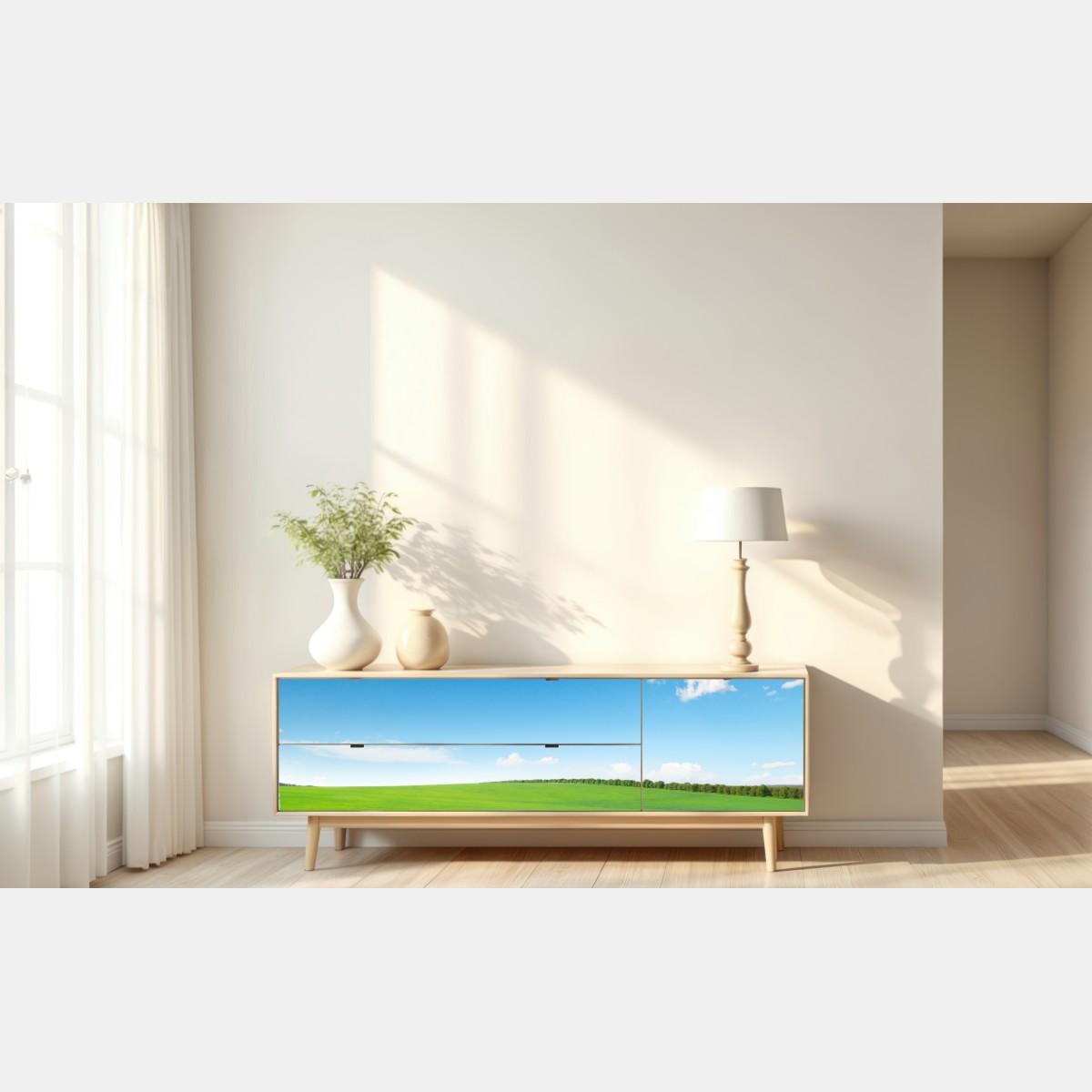 Naklejka repozycjonowalna spokojna zielona łąka pod niebieskim niebem – Wallissimo® Naklejka repozycjonowalna spokojna zielona łąka pod niebieskim niebem – Wallissimo®