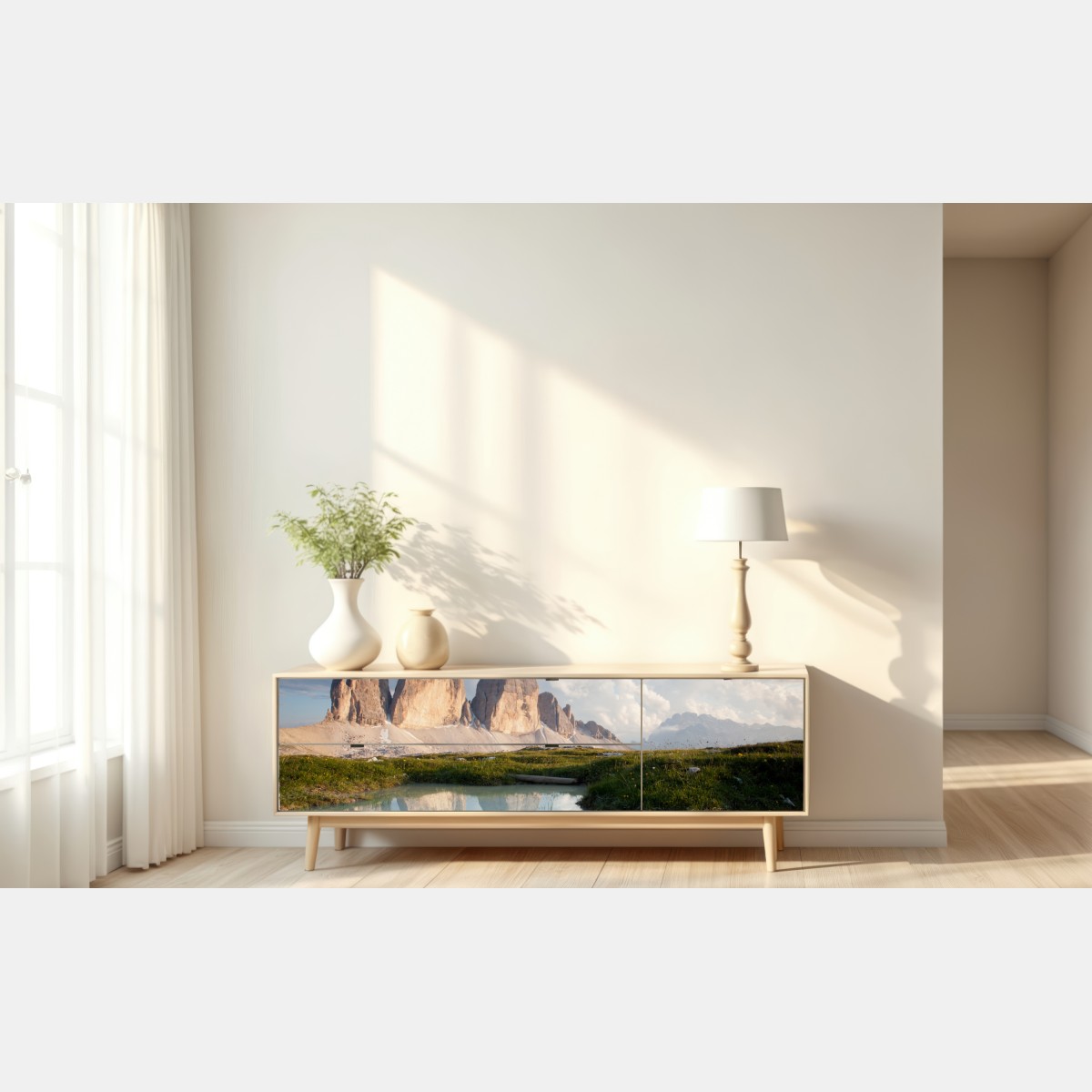 Naklejka repozycjonowalna słoneczne alpejskie szczyty odbite w spokojnym jeziorze – Wallissimo® Naklejka repozycjonowalna słoneczne alpejskie szczyty odbite w spokojnym jeziorze – Wallissimo®