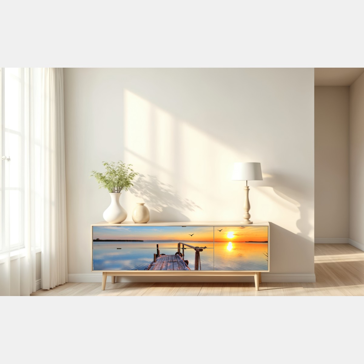 Naklejka repozycjonowalna zachód słońca przy drewnianym pomoście – Wallissimo® Naklejka repozycjonowalna zachód słońca przy drewnianym pomoście – Wallissimo®