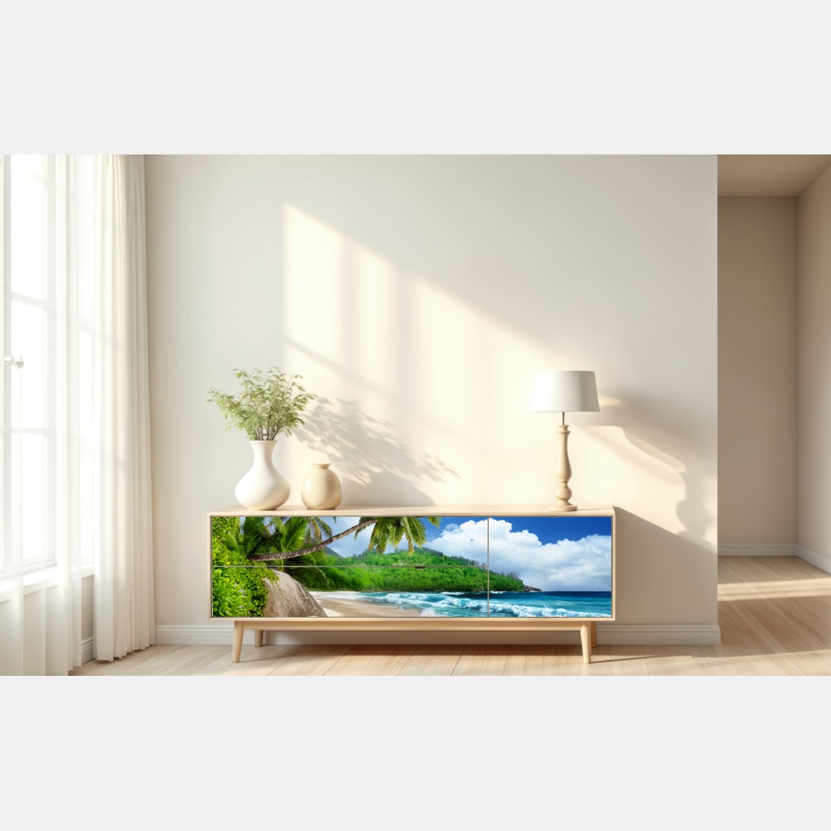 Naklejka repozycjonowalna spokojna tropikalna plaża na Mahe, Seszele – Wallissimo® Naklejka repozycjonowalna spokojna tropikalna plaża na Mahe, Seszele – Wallissimo®