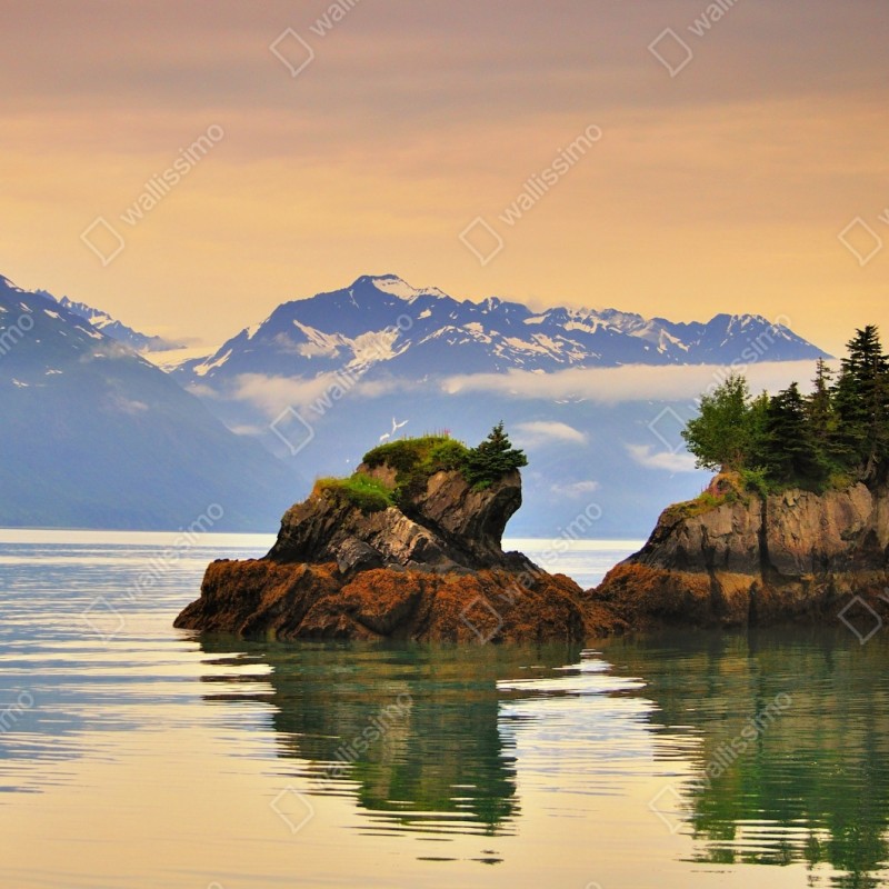 Naklejka repozycjonowalna spokojne odbicia wysp o zachodzie słońca – Wallissimo® Naklejka repozycjonowalna spokojne odbicia wysp o zachodzie słońca – Wallissimo®