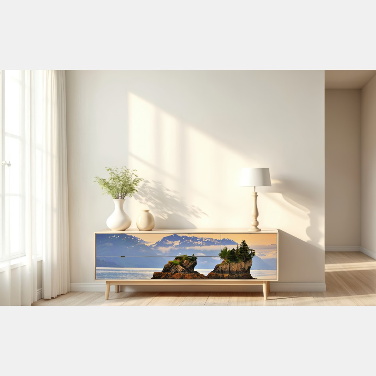 Naklejka repozycjonowalna spokojne odbicia wysp o zachodzie słońca – Wallissimo® Naklejka repozycjonowalna spokojne odbicia wysp o zachodzie słońca – Wallissimo®