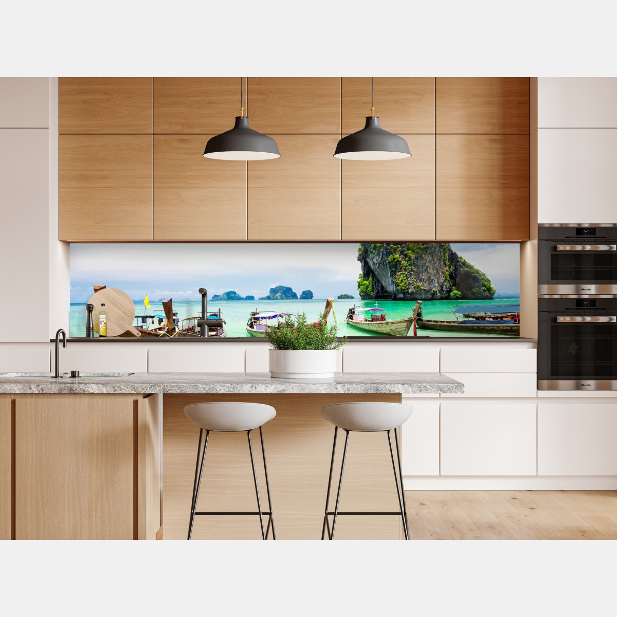 Naklejka repozycjonowalna tropikalne łodzie longtail na turkusowej plaży – Wallissimo® Naklejka repozycjonowalna tropikalne łodzie longtail na turkusowej plaży – Wallissimo®