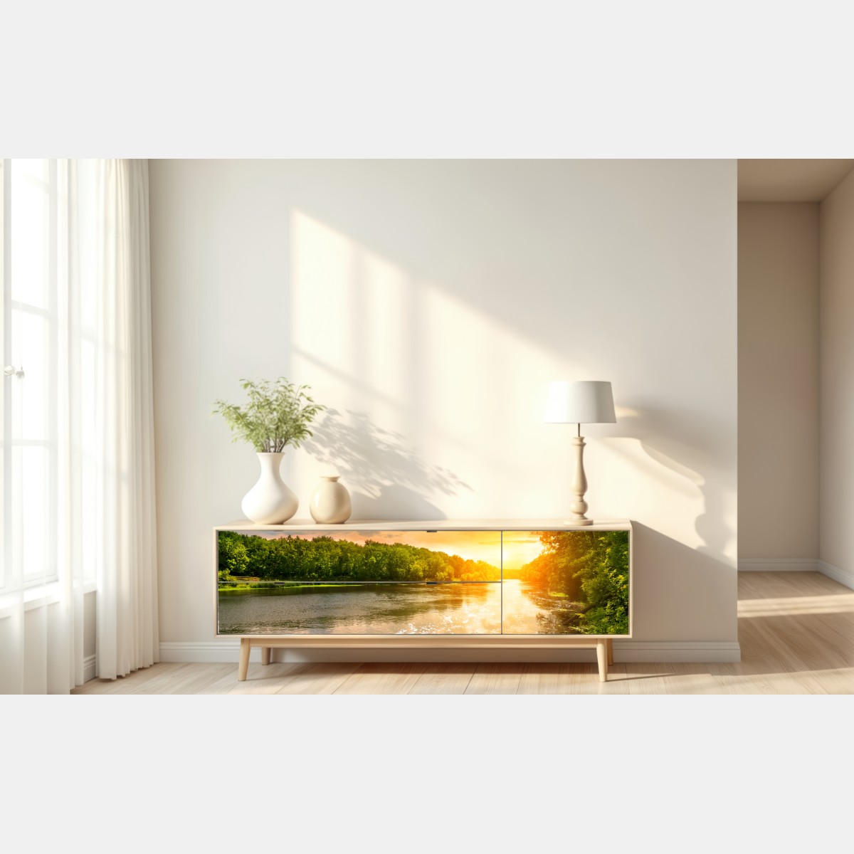 Naklejka repozycjonowalna spokojny zachód słońca nad rzeką i zielonym lasem – Wallissimo® Naklejka repozycjonowalna spokojny zachód słońca nad rzeką i zielonym lasem – Wallissimo®