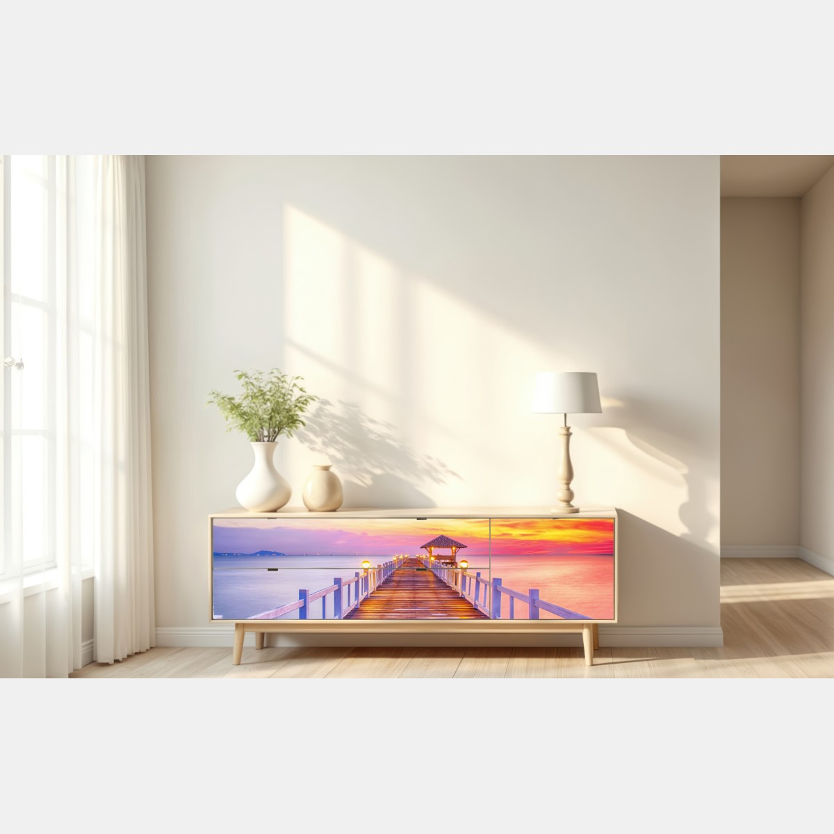 Naklejka repozycjonowalna molo o zachodzie słońca nad spokojnym horyzontem – Wallissimo® Naklejka repozycjonowalna molo o zachodzie słońca nad spokojnym horyzontem – Wallissimo®