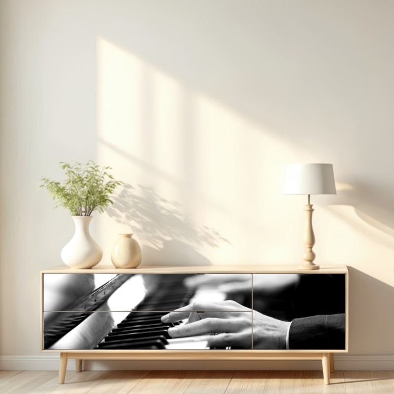 Naklejka repozycjonowalna ręce przy klawiaturze fortepianu w czerni i bieli – Wallissimo® Naklejka repozycjonowalna ręce przy klawiaturze fortepianu w czerni i bieli – Wallissimo®