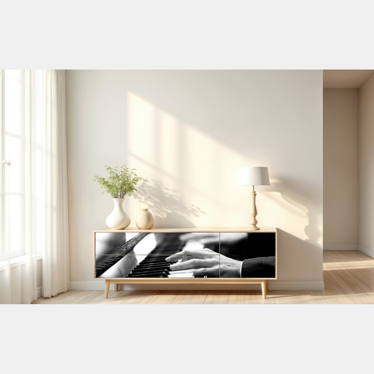 Naklejka repozycjonowalna ręce przy klawiaturze fortepianu w czerni i bieli – Wallissimo® Naklejka repozycjonowalna ręce przy klawiaturze fortepianu w czerni i bieli – Wallissimo®