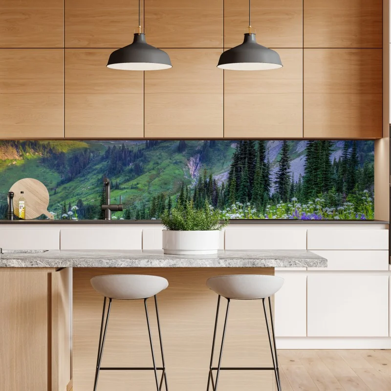 Naklejka repozycjonowalna alpejska łąka pełna kwiatów u stóp ośnieżonych szczytów – Wallissimo® Naklejka repozycjonowalna alpejska łąka pełna kwiatów u stóp ośnieżonych szczytów – Wallissimo®