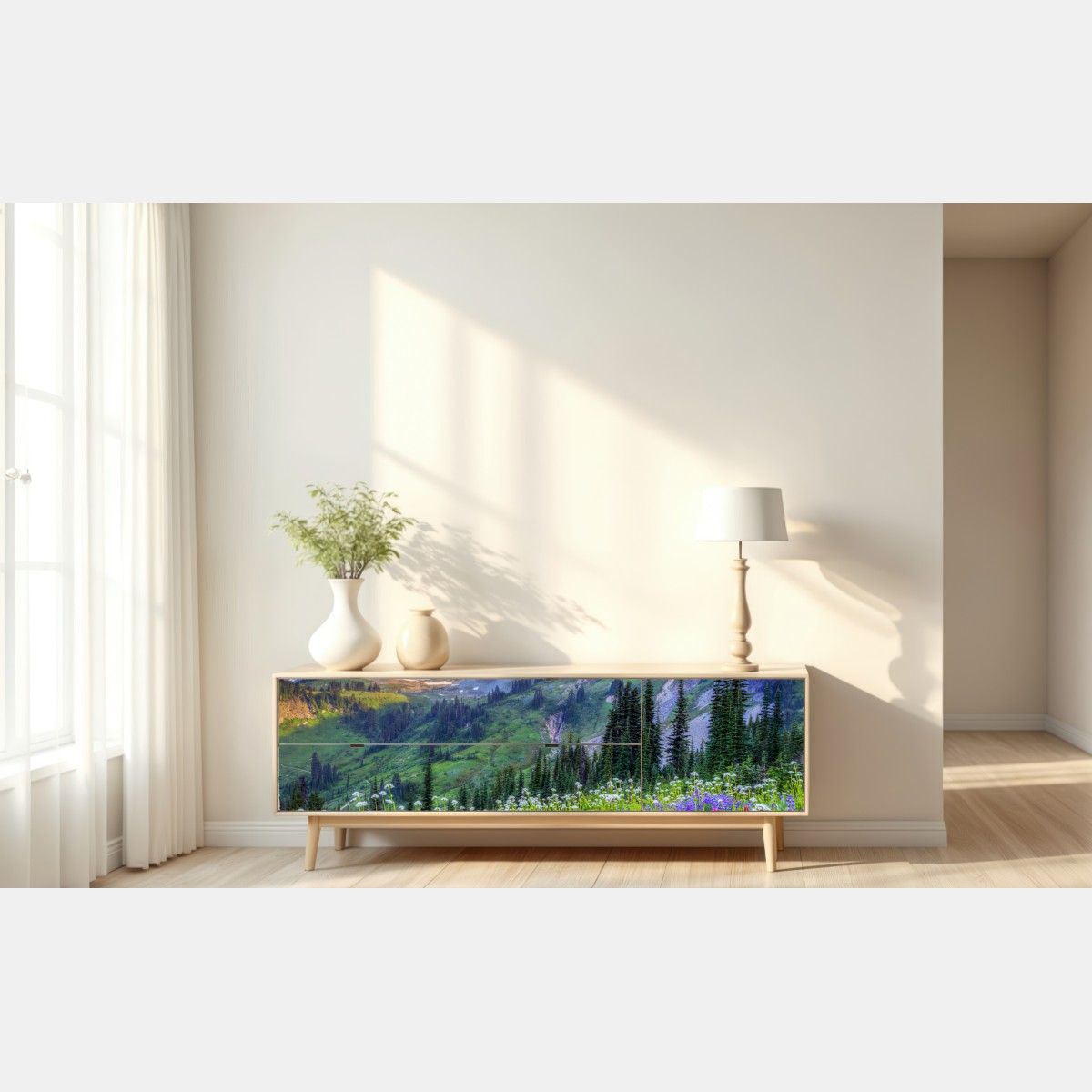 Naklejka repozycjonowalna alpejska łąka pełna kwiatów u stóp ośnieżonych szczytów – Wallissimo® Naklejka repozycjonowalna alpejska łąka pełna kwiatów u stóp ośnieżonych szczytów – Wallissimo®