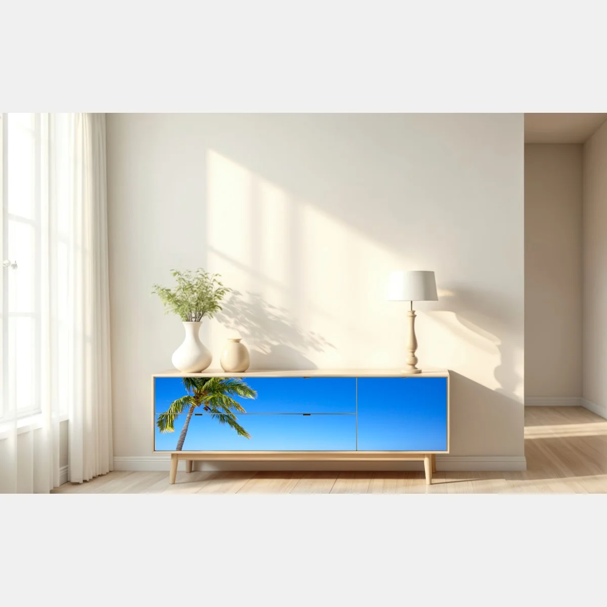 Naklejka repozycjonowalna tropikalna plaża z palmą – Wallissimo® Naklejka repozycjonowalna tropikalna plaża z palmą – Wallissimo®