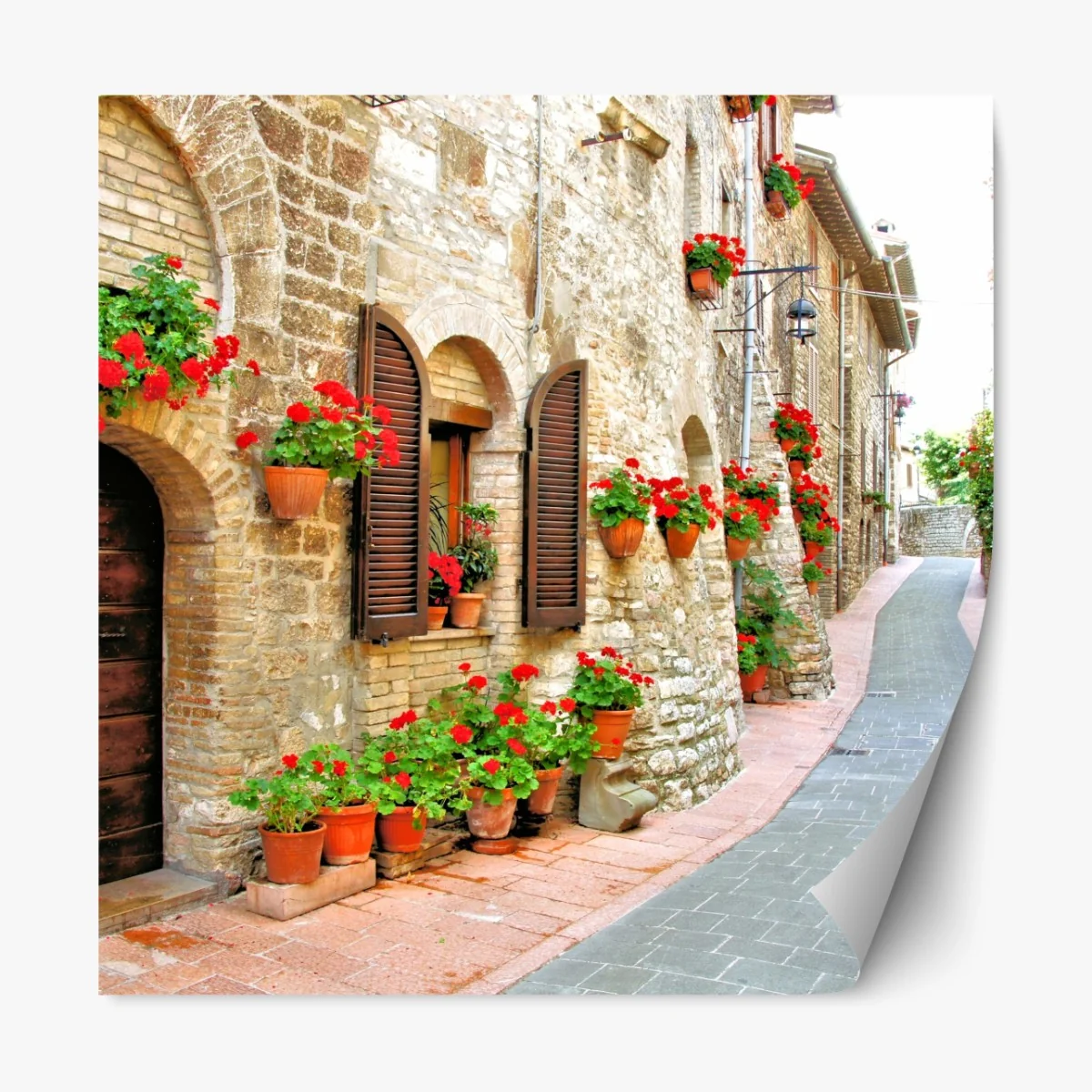 Naklejka repozycjonowalna słoneczna kamienna uliczka z czerwonymi pelargoniami – Wallissimo® Naklejka repozycjonowalna słoneczna kamienna uliczka z czerwonymi pelargoniami – Wallissimo®