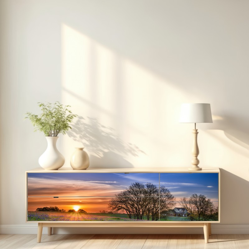 Naklejka repozycjonowalna Teksas łąka bluebonnetów o wschodzie słońca – Wallissimo® Naklejka repozycjonowalna Teksas łąka bluebonnetów o wschodzie słońca – Wallissimo®