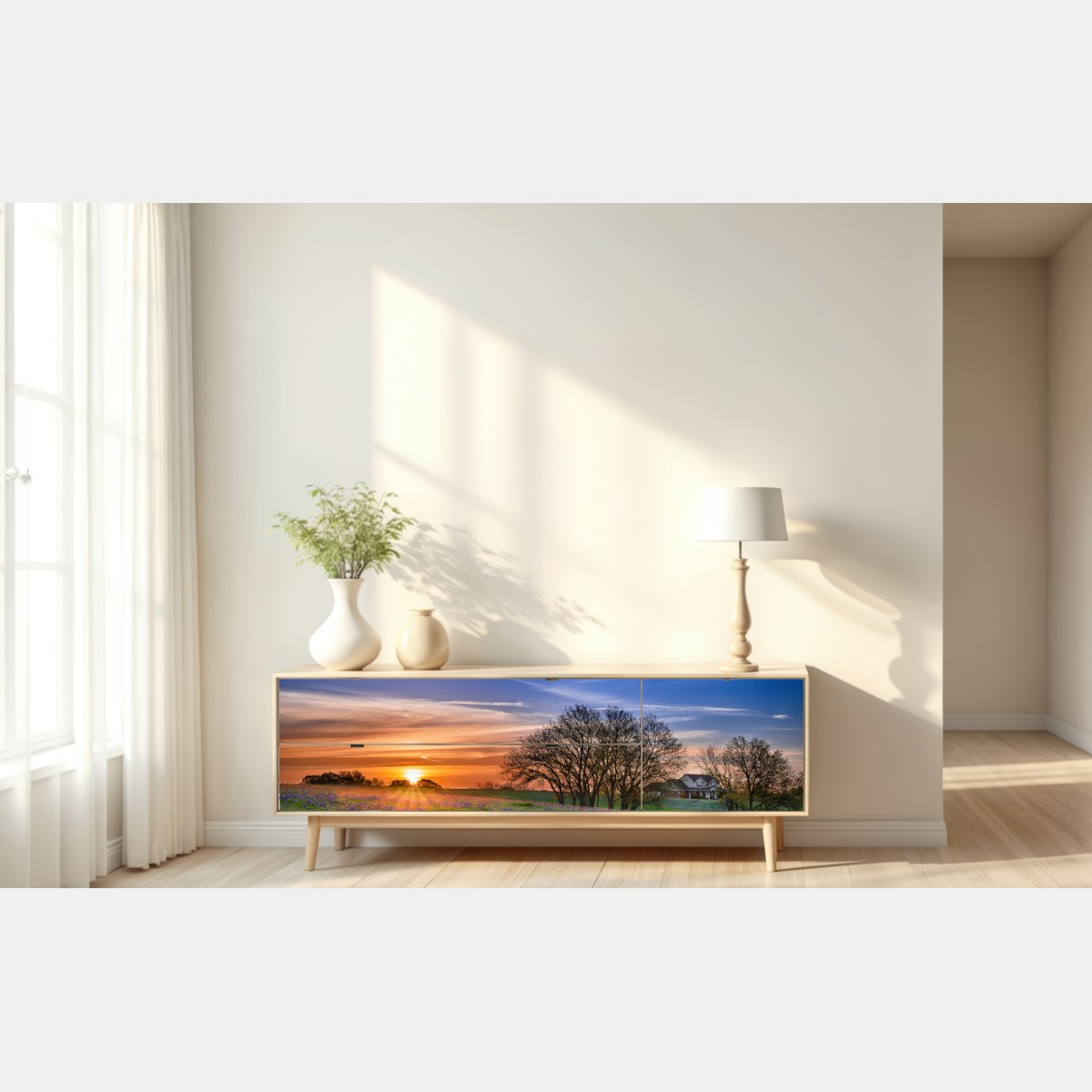 Naklejka repozycjonowalna Teksas łąka bluebonnetów o wschodzie słońca – Wallissimo® Naklejka repozycjonowalna Teksas łąka bluebonnetów o wschodzie słońca – Wallissimo®