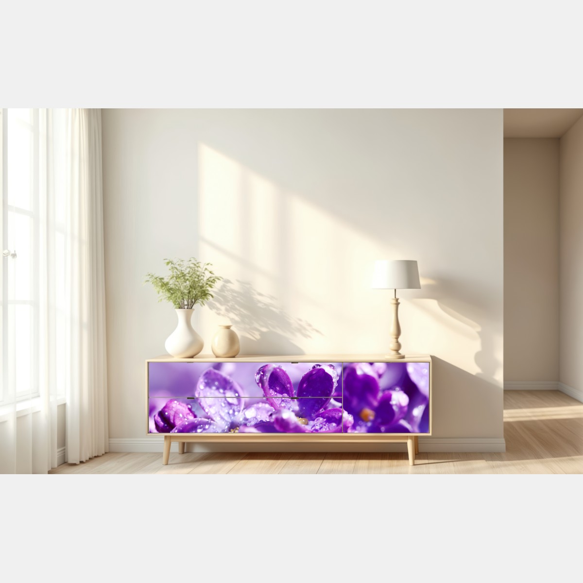 Naklejka repozycjonowalna fioletowy bez z kroplami rosy – Wallissimo® Naklejka repozycjonowalna fioletowy bez z kroplami rosy – Wallissimo®