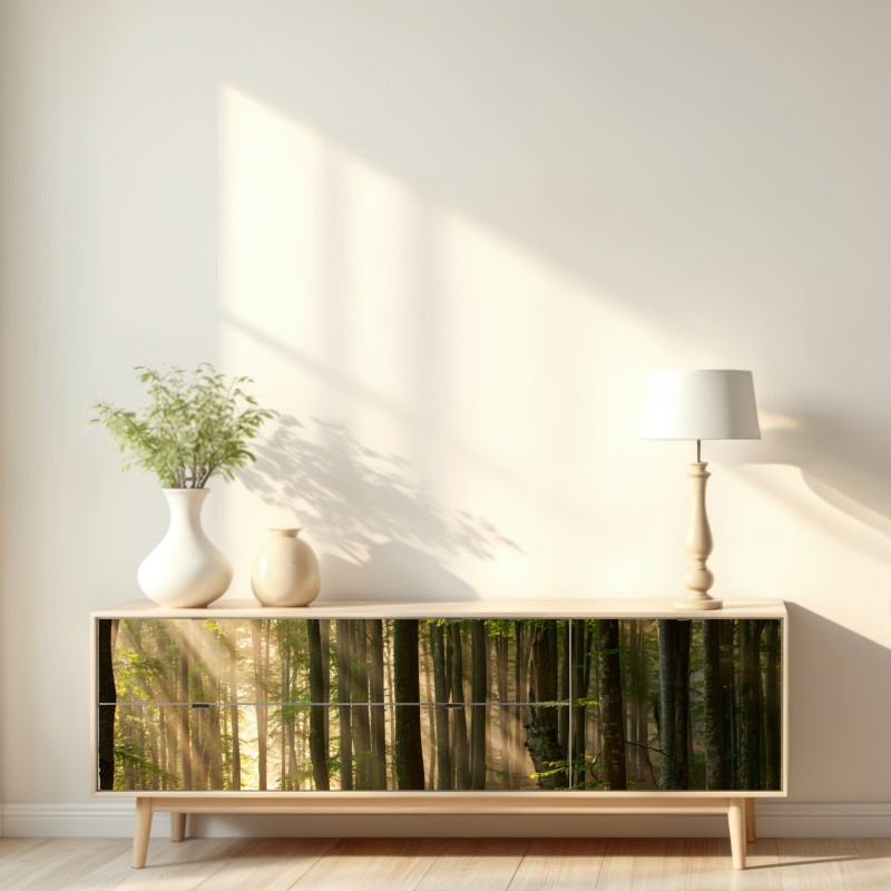 Naklejka repozycjonowalna poranne światło w lesie bukowym – Wallissimo® Naklejka repozycjonowalna poranne światło w lesie bukowym – Wallissimo®