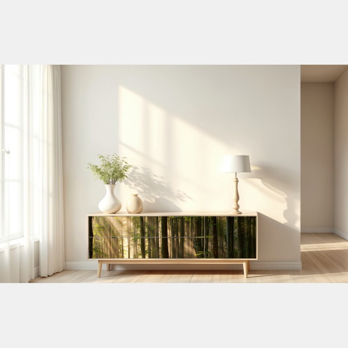 Naklejka repozycjonowalna poranne światło w lesie bukowym – Wallissimo® Naklejka repozycjonowalna poranne światło w lesie bukowym – Wallissimo®