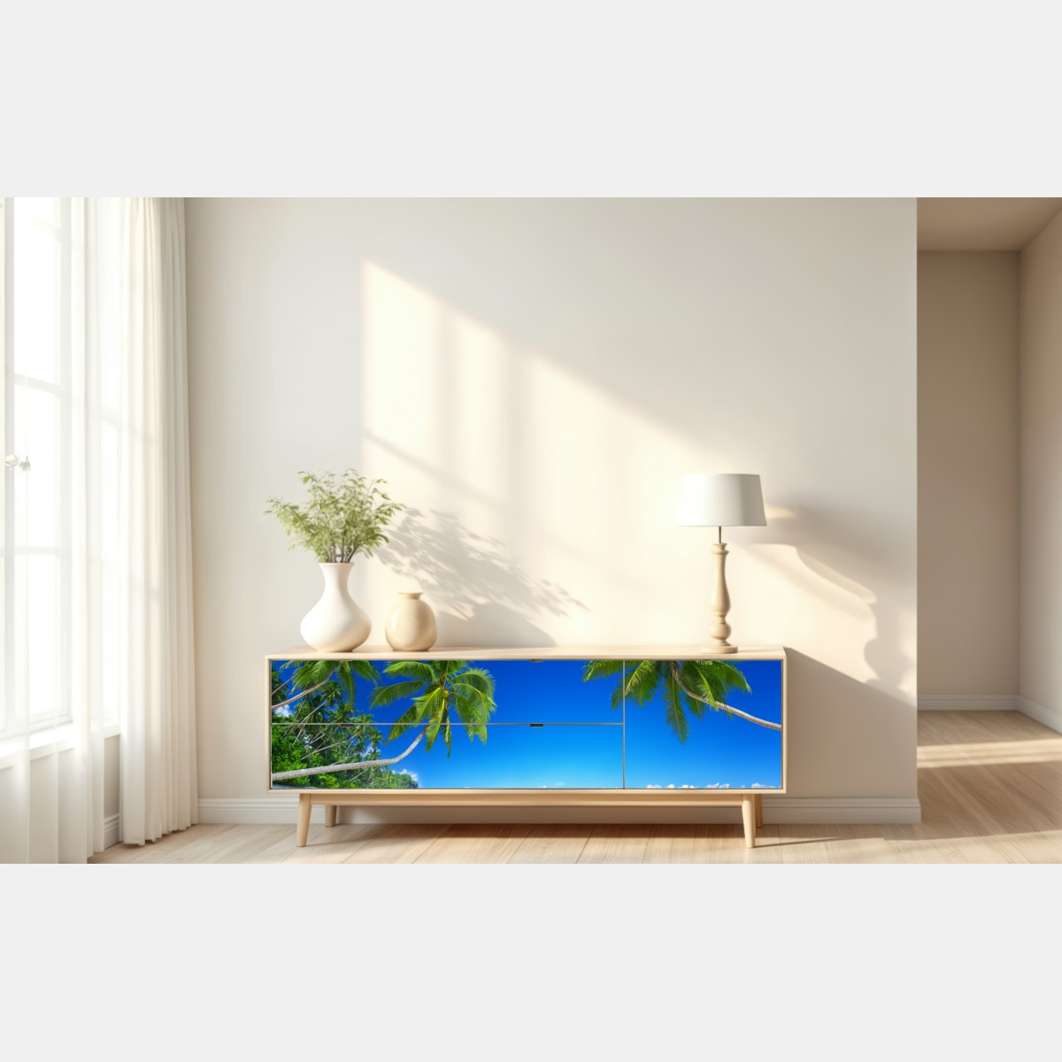 Naklejka repozycjonowalna tropikalna plaża z palmami – Wallissimo® Naklejka repozycjonowalna tropikalna plaża z palmami – Wallissimo®