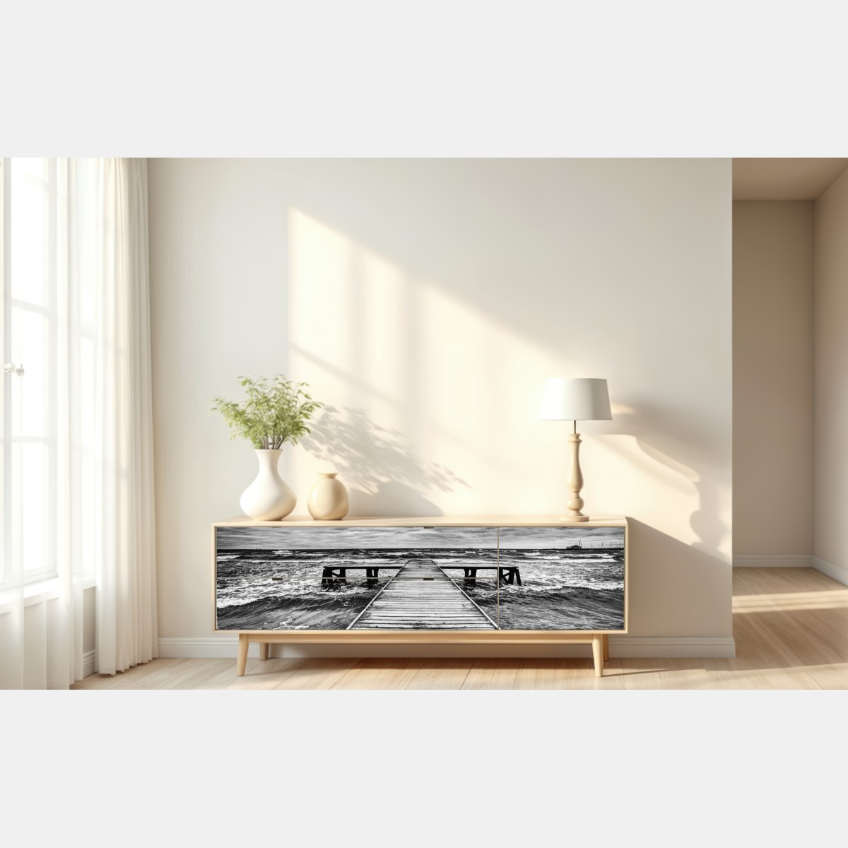 Naklejka repozycjonowalna dramatyczne czarno-białe molo prowadzące w burzliwe morze – Wallissimo® Naklejka repozycjonowalna dramatyczne czarno-białe molo prowadzące w burzliwe morze – Wallissimo®