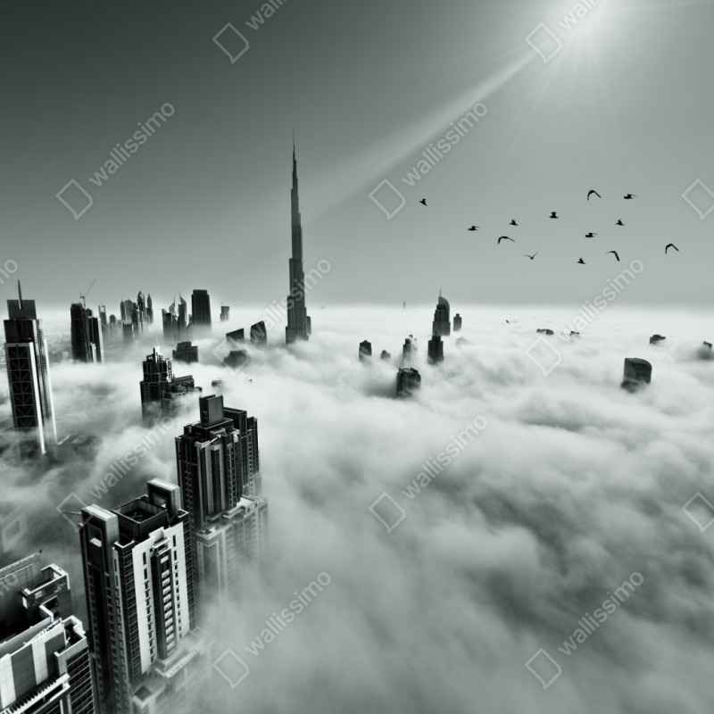 Naklejka repozycjonowalna mglista panorama Dubaju ponad chmurami – Wallissimo® Naklejka repozycjonowalna mglista panorama Dubaju ponad chmurami – Wallissimo®