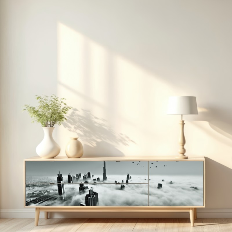 Naklejka repozycjonowalna mglista panorama Dubaju ponad chmurami – Wallissimo® Naklejka repozycjonowalna mglista panorama Dubaju ponad chmurami – Wallissimo®