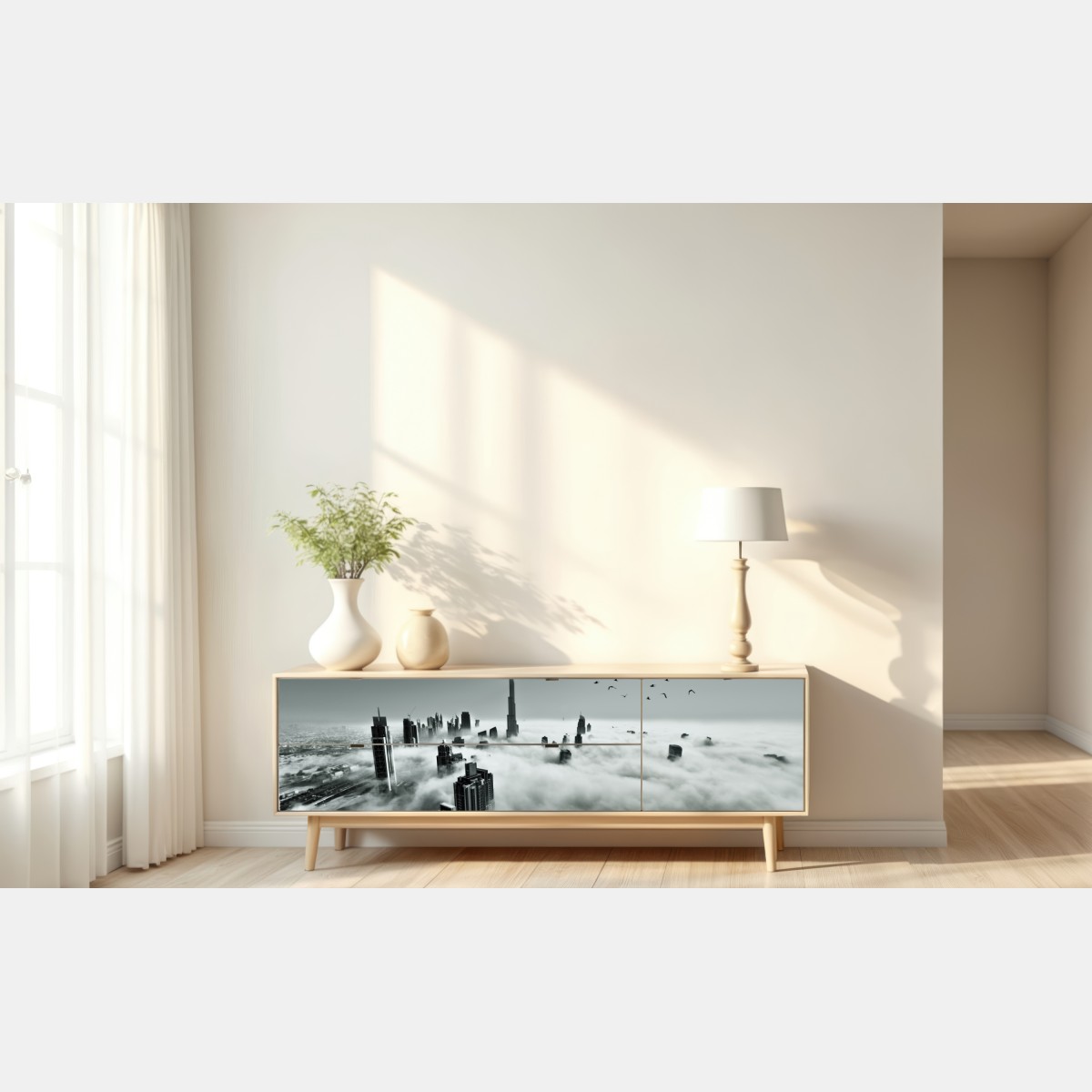 Naklejka repozycjonowalna mglista panorama Dubaju ponad chmurami – Wallissimo® Naklejka repozycjonowalna mglista panorama Dubaju ponad chmurami – Wallissimo®