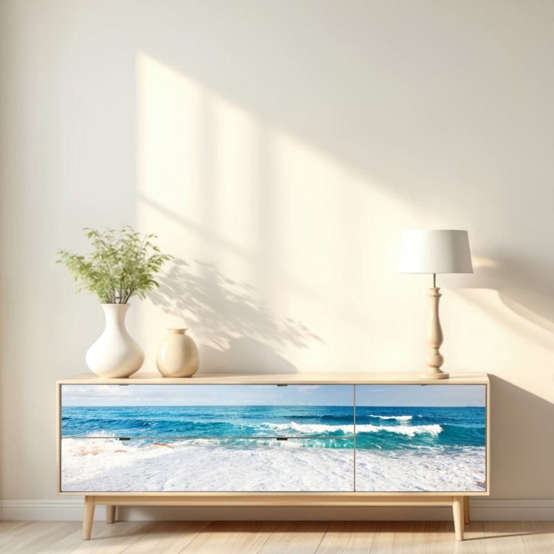 Naklejka repozycjonowalna turkusowe fale na piaszczystej plaży – Wallissimo® Naklejka repozycjonowalna turkusowe fale na piaszczystej plaży – Wallissimo®