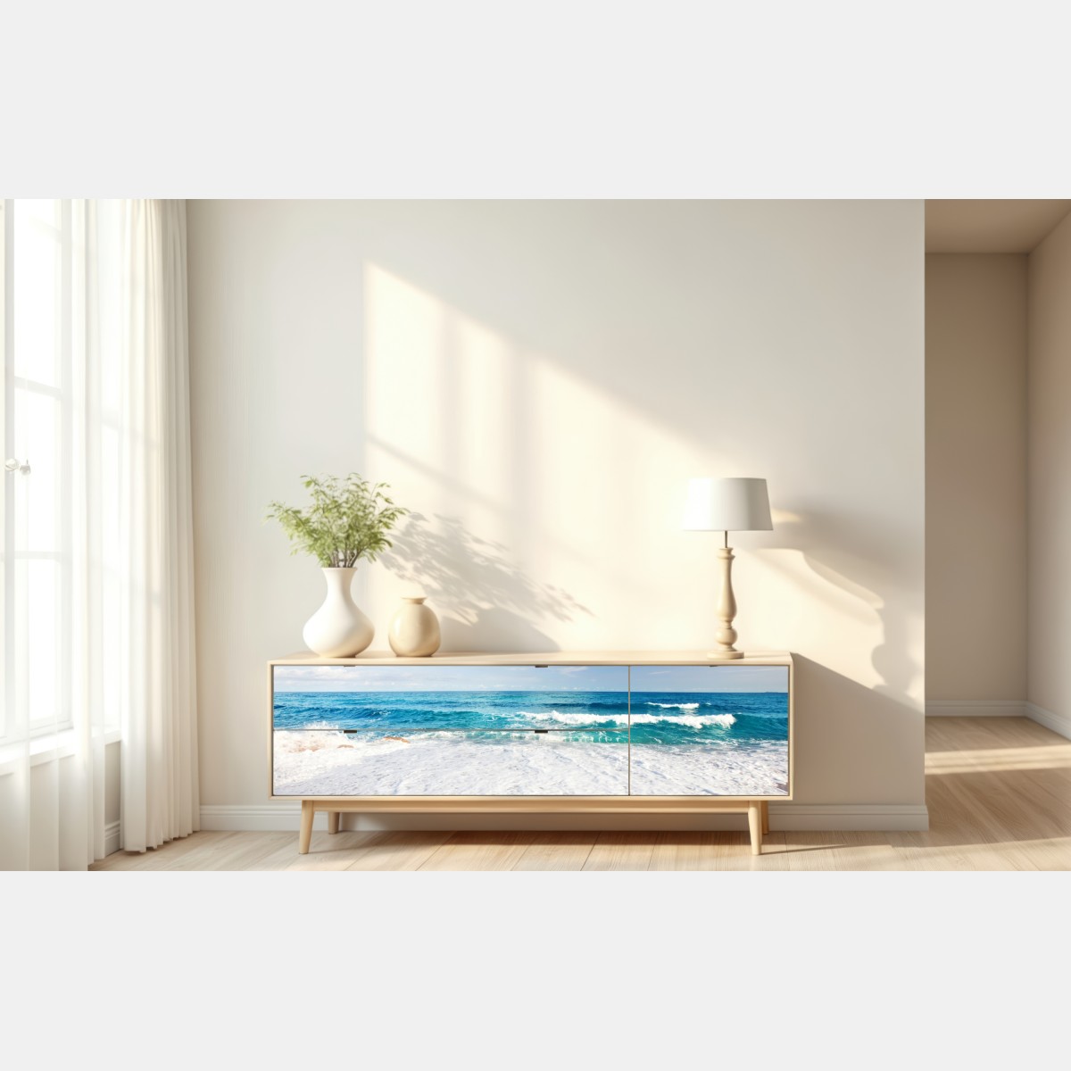 Naklejka repozycjonowalna turkusowe fale na piaszczystej plaży – Wallissimo® Naklejka repozycjonowalna turkusowe fale na piaszczystej plaży – Wallissimo®