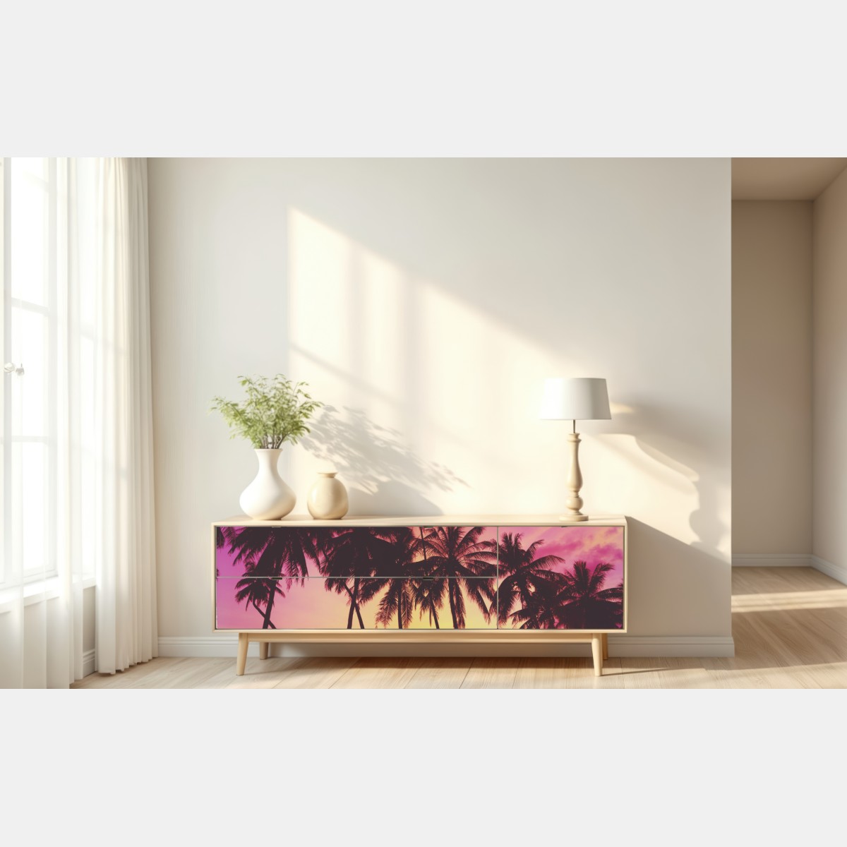 Naklejka repozycjonowalna tropikalny zachód słońca z palmami, Tajlandia – Wallissimo® Naklejka repozycjonowalna tropikalny zachód słońca z palmami, Tajlandia – Wallissimo®