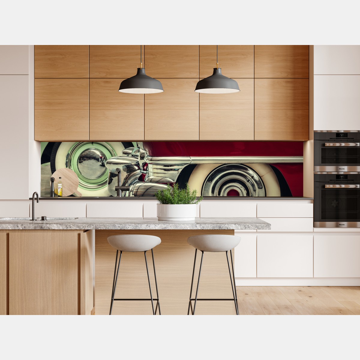 Naklejka repozycjonowalna zbliżenie klasycznych samochodów w czerwieni i mięcie – Wallissimo® Naklejka repozycjonowalna zbliżenie klasycznych samochodów w czerwieni i mięcie – Wallissimo®