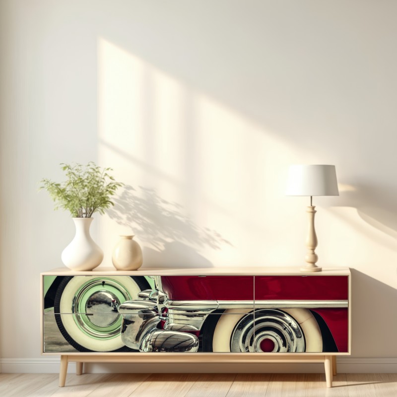 Naklejka repozycjonowalna zbliżenie klasycznych samochodów w czerwieni i mięcie – Wallissimo® Naklejka repozycjonowalna zbliżenie klasycznych samochodów w czerwieni i mięcie – Wallissimo®