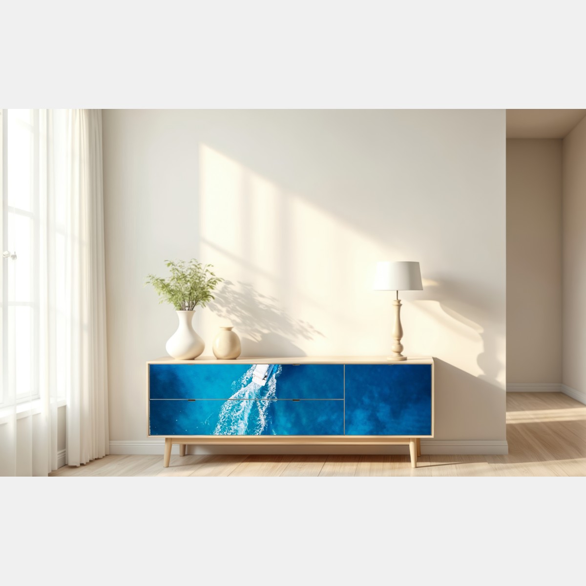 Naklejka repozycjonowalna jacht nad krystalicznie niebieskim oceanem – Wallissimo® Naklejka repozycjonowalna jacht nad krystalicznie niebieskim oceanem – Wallissimo®