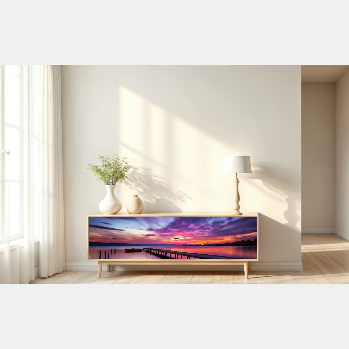 Naklejka repozycjonowalna zachód słońca nad spokojnym jeziorem z drewnianym pomostem – Wallissimo® Naklejka repozycjonowalna zachód słońca nad spokojnym jeziorem z drewnianym pomostem – Wallissimo®