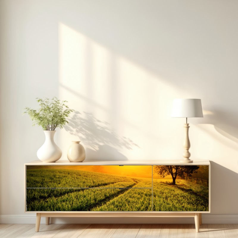 Naklejka repozycjonowalna słoneczna łąka o świcie – Wallissimo® Naklejka repozycjonowalna słoneczna łąka o świcie – Wallissimo®