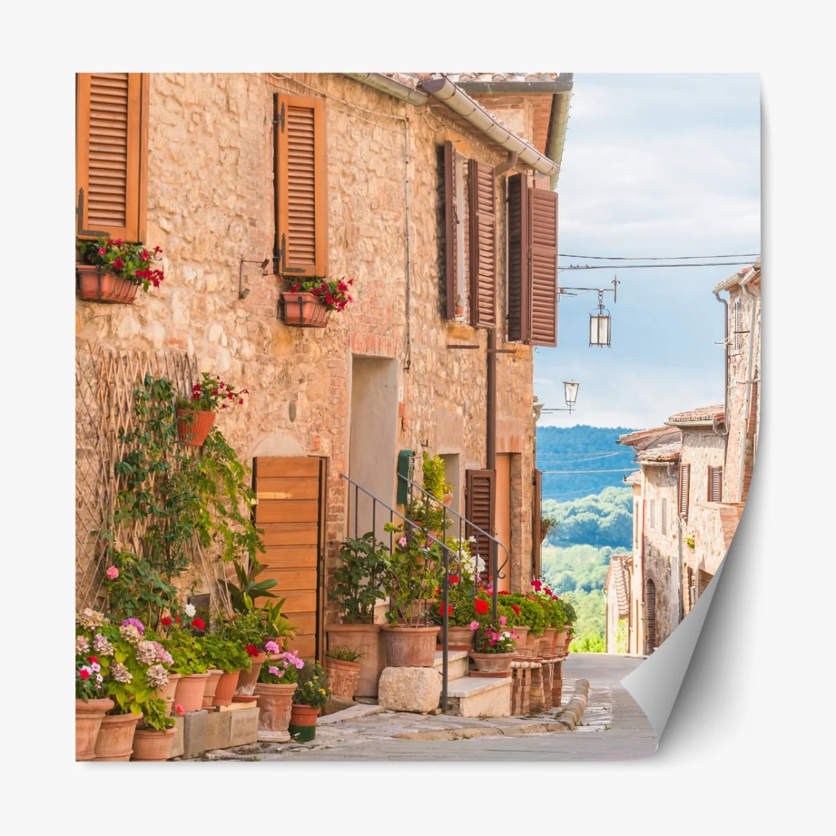Naklejka repozycjonowalna średniowieczna ulica w Toskanii z doniczkami z kwiatami – Wallissimo® Naklejka repozycjonowalna średniowieczna ulica w Toskanii z doniczkami z kwiatami – Wallissimo®
