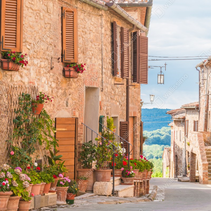 Naklejka repozycjonowalna średniowieczna ulica w Toskanii z doniczkami z kwiatami – Wallissimo® Naklejka repozycjonowalna średniowieczna ulica w Toskanii z doniczkami z kwiatami – Wallissimo®
