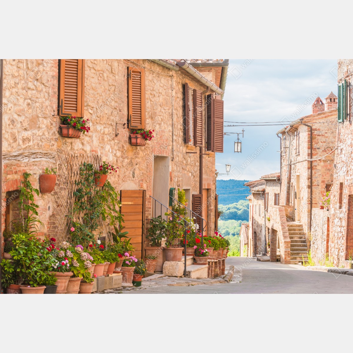 Naklejka repozycjonowalna średniowieczna ulica w Toskanii z doniczkami z kwiatami – Wallissimo® Naklejka repozycjonowalna średniowieczna ulica w Toskanii z doniczkami z kwiatami – Wallissimo®