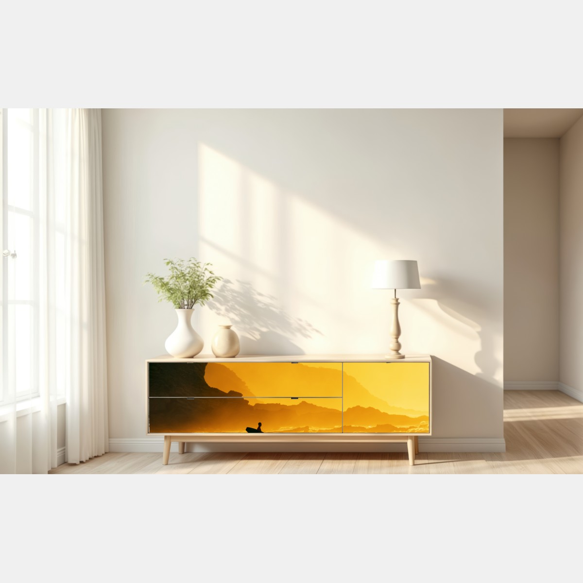 Naklejka repozycjonowalna surfer przy złotym zachodzie słońca – Wallissimo® Naklejka repozycjonowalna surfer przy złotym zachodzie słońca – Wallissimo®