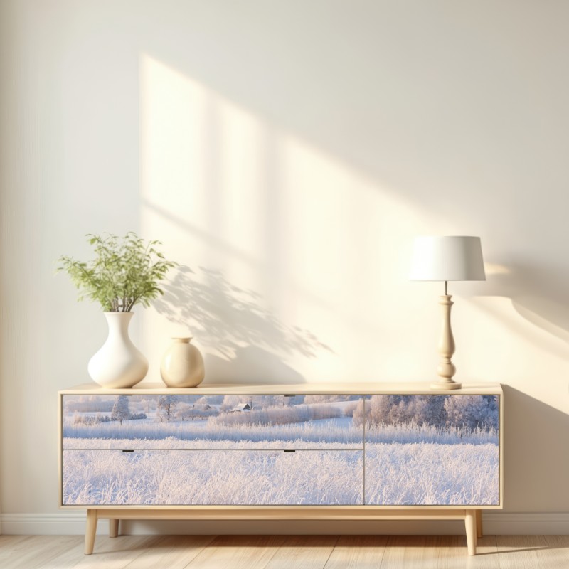 Naklejka repozycjonowalna szronowa łąka o poranku – Wallissimo® Naklejka repozycjonowalna szronowa łąka o poranku – Wallissimo®