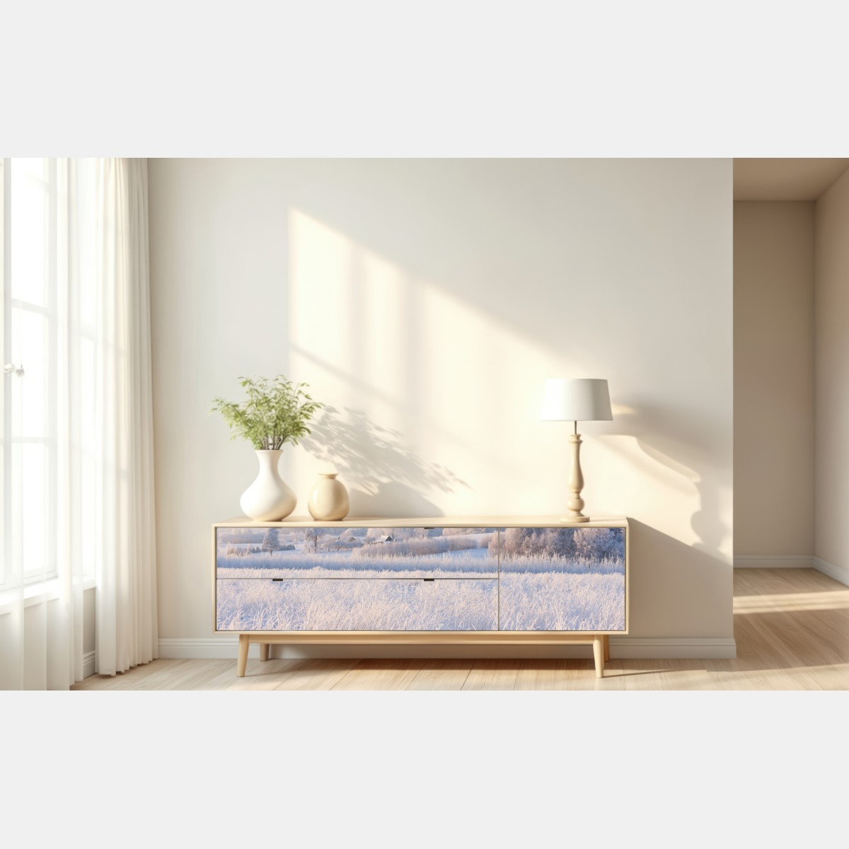 Naklejka repozycjonowalna szronowa łąka o poranku – Wallissimo® Naklejka repozycjonowalna szronowa łąka o poranku – Wallissimo®