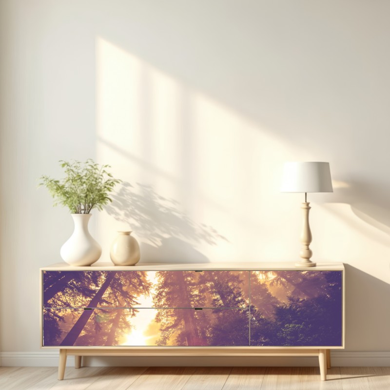 Naklejka repozycjonowalna mglisty las sekwojowy w złotych vintage tonacjach – Wallissimo® Naklejka repozycjonowalna mglisty las sekwojowy w złotych vintage tonacjach – Wallissimo®